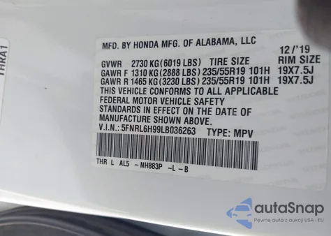 2020 Honda Odyssey Elite from USA, damaged, VIN 5FNRL6H99LB036263